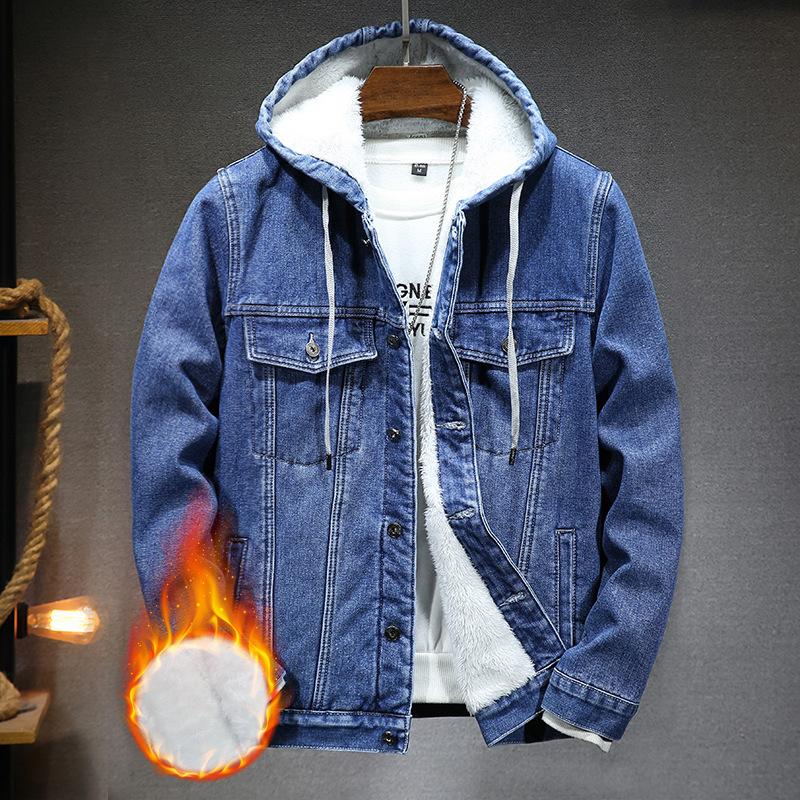 Herren Herbst und Winter Retro Kapuzen Jeansjacke Mantel Kapuze Plus Samt Windjacke Verdickt und Warm für Männer XXXL blau von Joom DACH