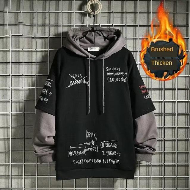 Herren Herbstmode Fake Zweiteiliges Loose Hooded Fleece Sweatshirt XXXL schwarz von Joom DACH