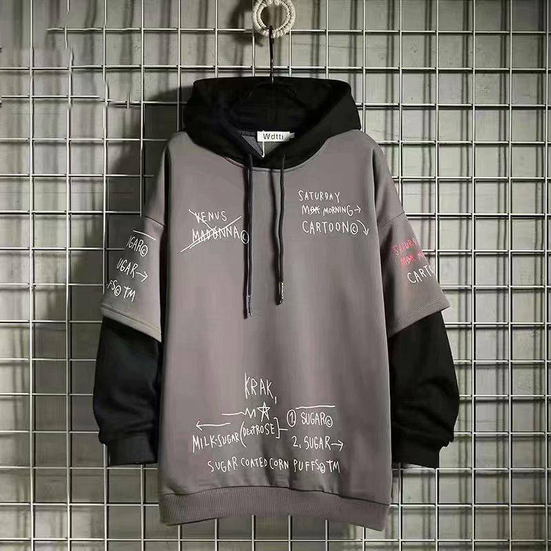 Herren Herbstmode Fake Zweiteiliges Loose Hooded Fleece Sweatshirt XXXL grau von Joom DACH