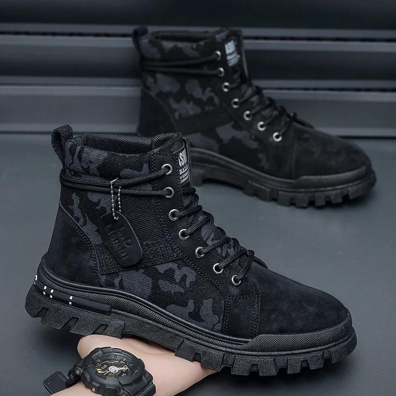 Herren High Top Stiefel Flachsohle Leichte Wanderschuhe Outdoor Schwarz Wanderschuhe Jogging Tennis Walking Schuhe, Motorrad 39 schwarz von Joom DACH