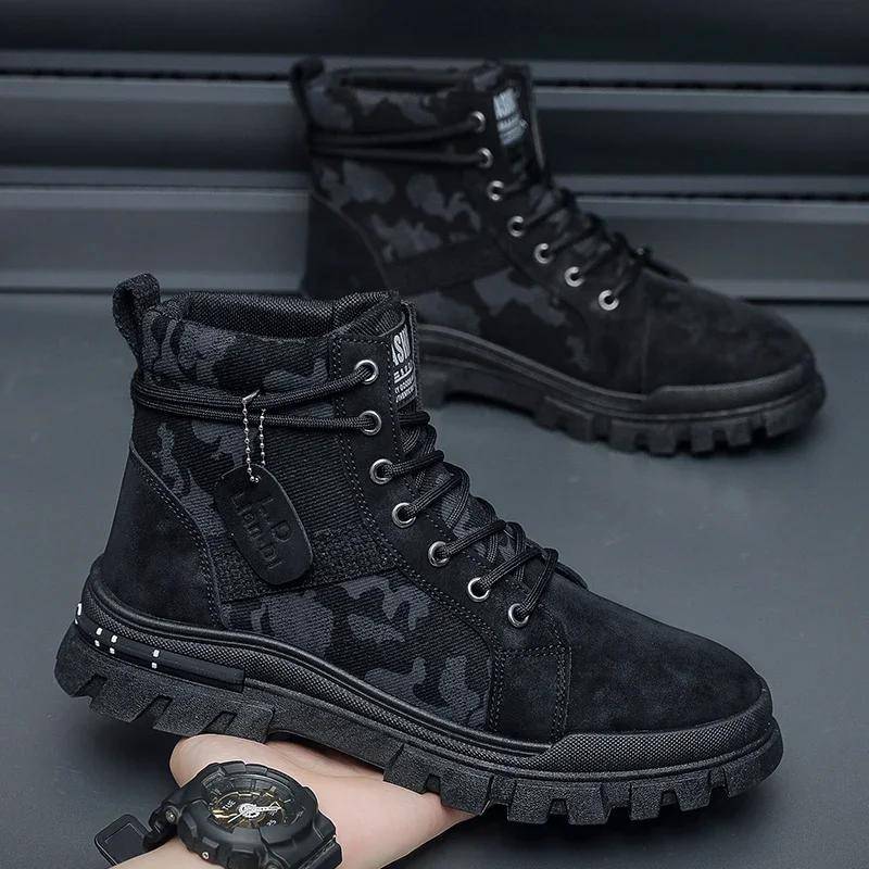 Herren High Top Stiefel Flachsohle Leichte Wanderschuhe Outdoor Schwarz Wanderschuhe Jogging Tennis Walking Schuhe, Motorrad 39 schwarz von Joom DACH