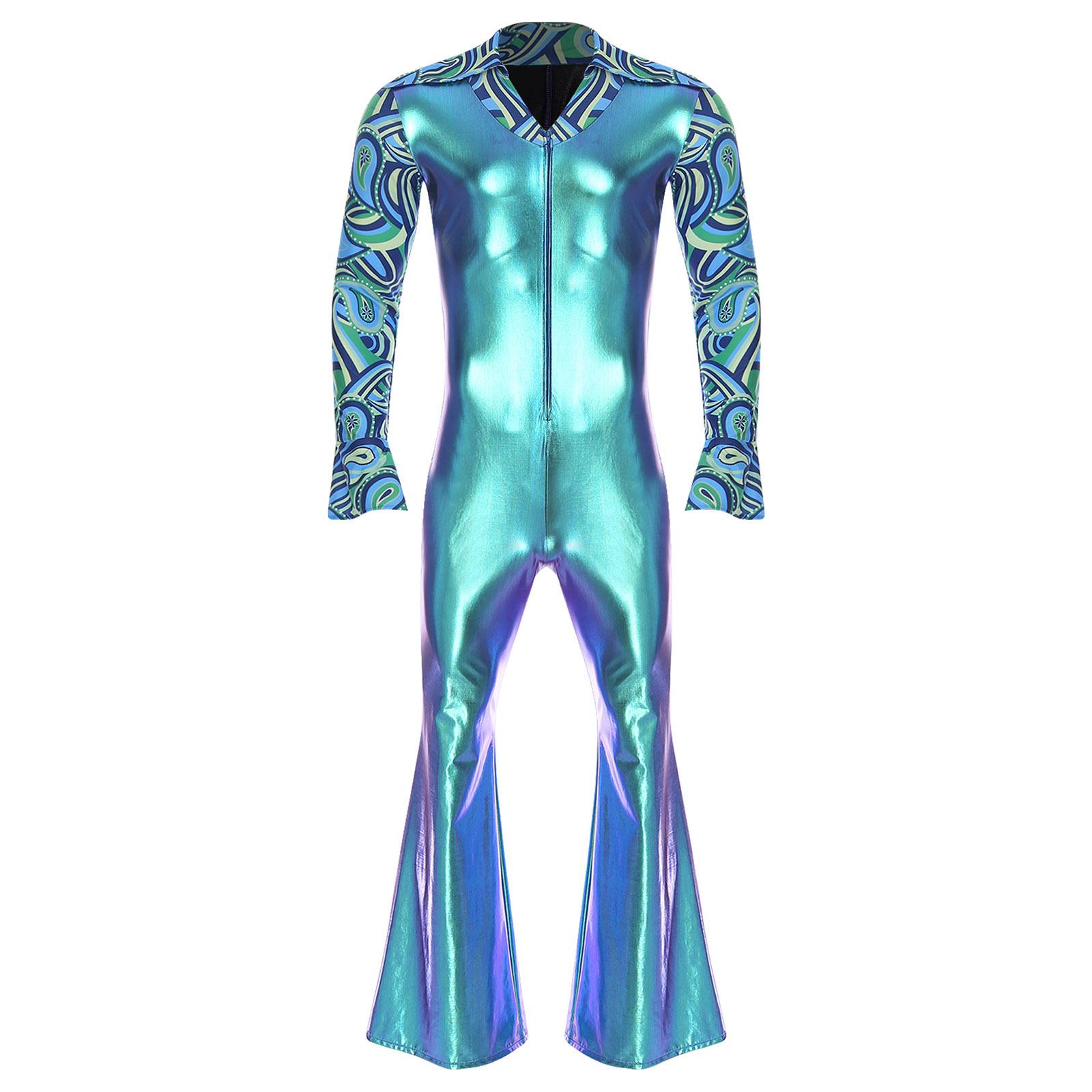 Herren Hippie Overalls Revers V-Ausschnitt Schlagärmel Lange Ärmel Manschetten mit Schlitz Schlaghosen Jumpsuit L blau von Joom DACH