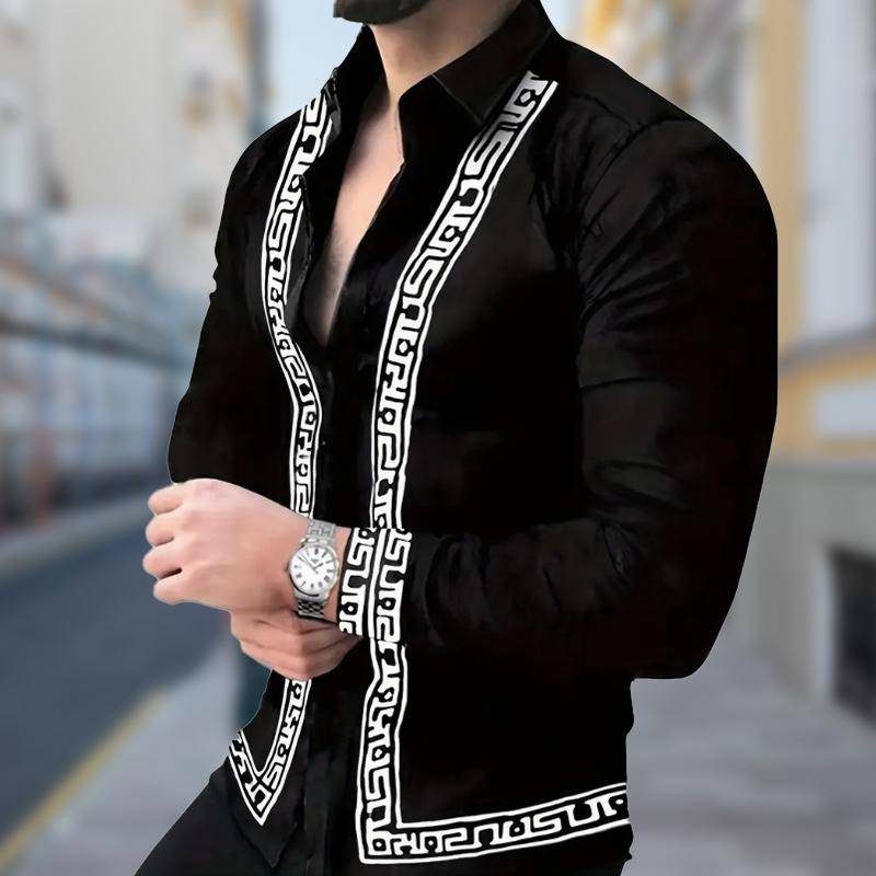 Herren Huizi Muster bedruckte Langarmhemden Casual Cardigan Neue Knopfleiste Urlaubsmode Hemden 2XL schwarz von Joom DACH