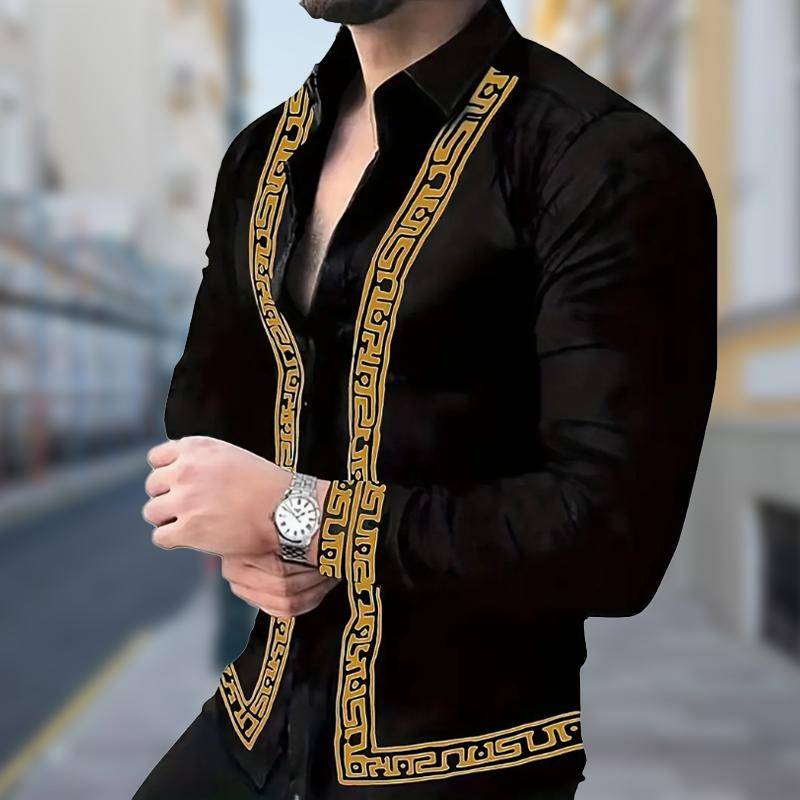 Herren Huizi Muster bedruckte Langarmhemden Casual Cardigan Neue Knopfleiste Urlaubsmode Hemden 3XL gold von Joom DACH