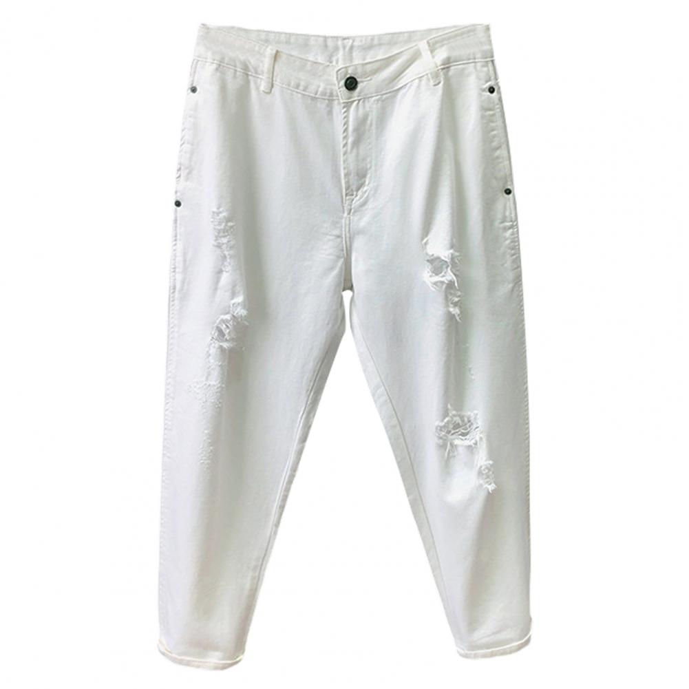 Herren Jeans Mittelhoher Schnitt Knopfleiste Reißverschluss Hosenschlitz Ripped Holes Design Denim Hose mit Taschen Einfarbig Lässige Haremshose 29 weiß von Joom DACH