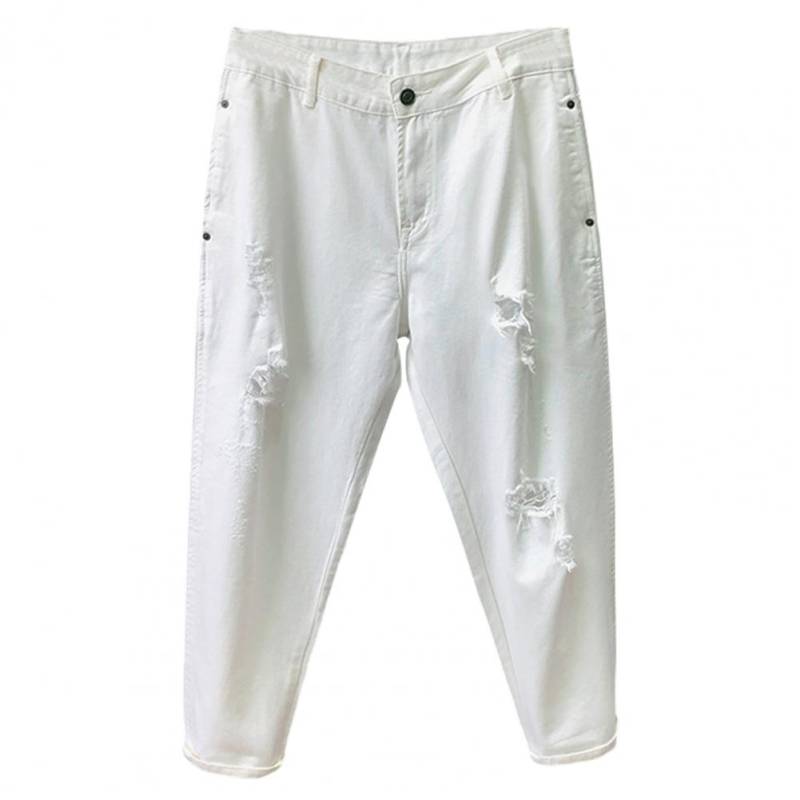 Herren Jeans Mittelhoher Schnitt Knopfleiste Reißverschluss Hosenschlitz Ripped Holes Design Denim Hose mit Taschen Einfarbig Lässige Haremshose 29 weiß von Joom DACH