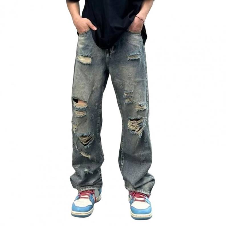Herren Jeans Ripped Hole Washed Wide Leg Straight Distressed Loose Hip Hop Streetwear Casual Multi Pockets Volle Länge Herren Lange Pan XXL blau von Joom DACH
