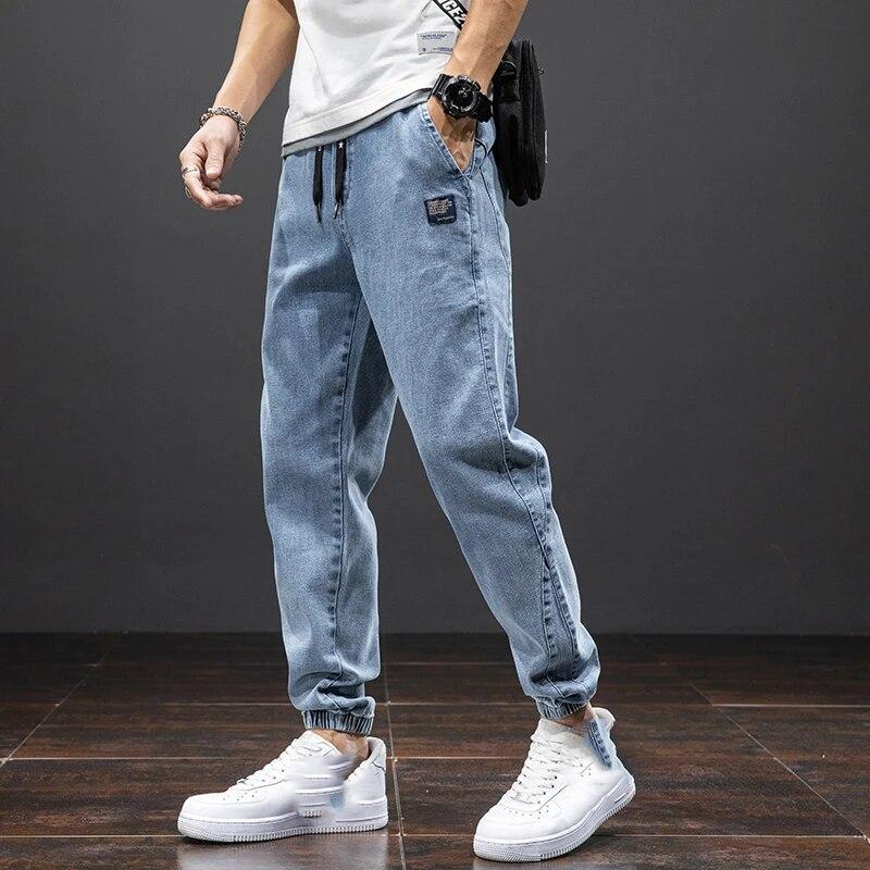 Herren Jeans Slim Fit Hose Lässige Jogginghose Streetwear Harlekin Denim Hose mit Kordelzug Herren Cargohose 6XL blau von Joom DACH