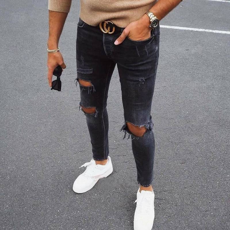 Herren Jeans Trendy Knie bricht Reißverschluss Wadenhose zerrissene Herren Denim Hose L schwarz von Joom DACH