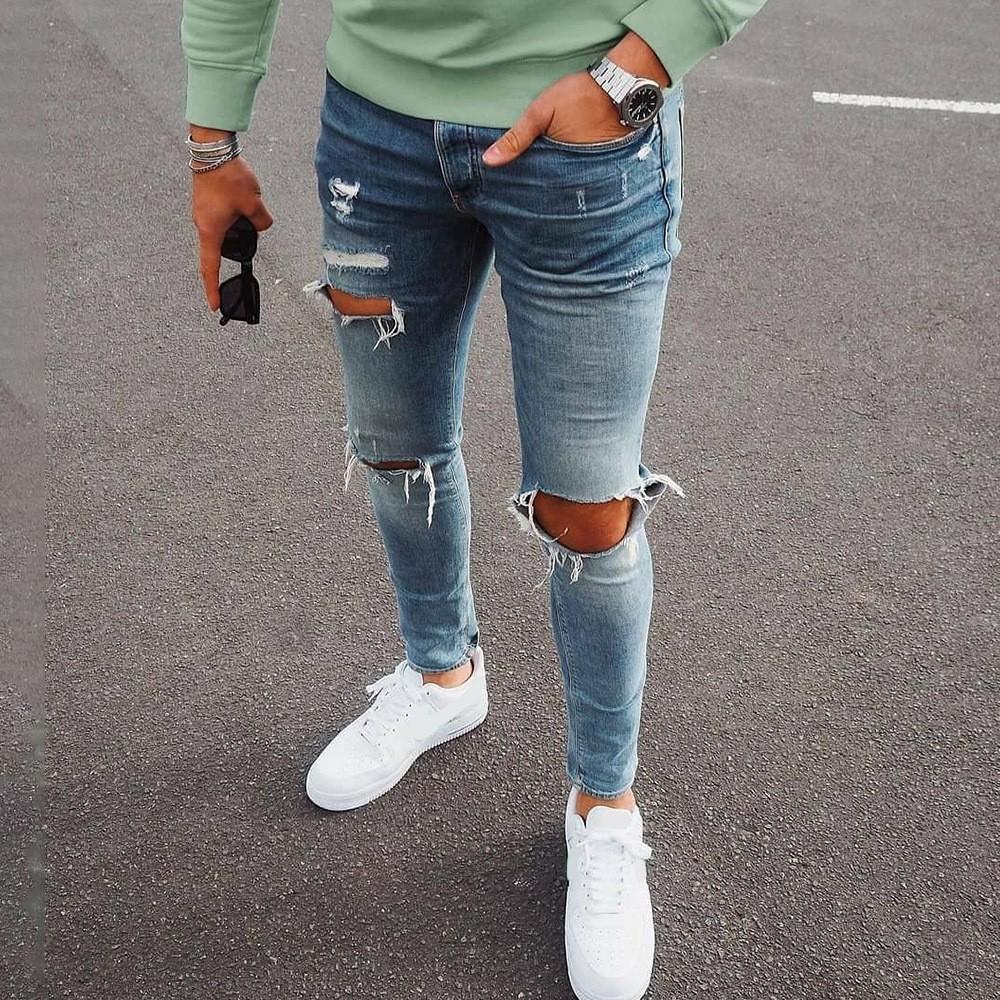 Herren Jeans Trendy Knie bricht Reißverschluss Wadenhose zerrissene Herren Denim Hose L blau von Joom DACH