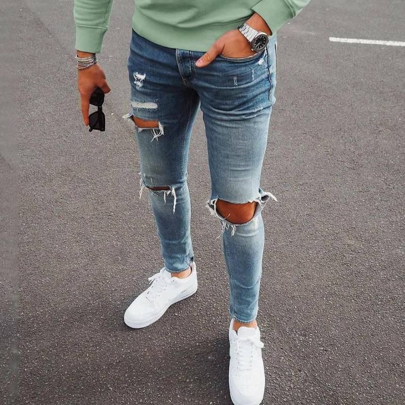 Herren Jeans Trendy Knie bricht Reißverschluss Wadenhose zerrissene Herren Denim Hose L blau von Joom DACH
