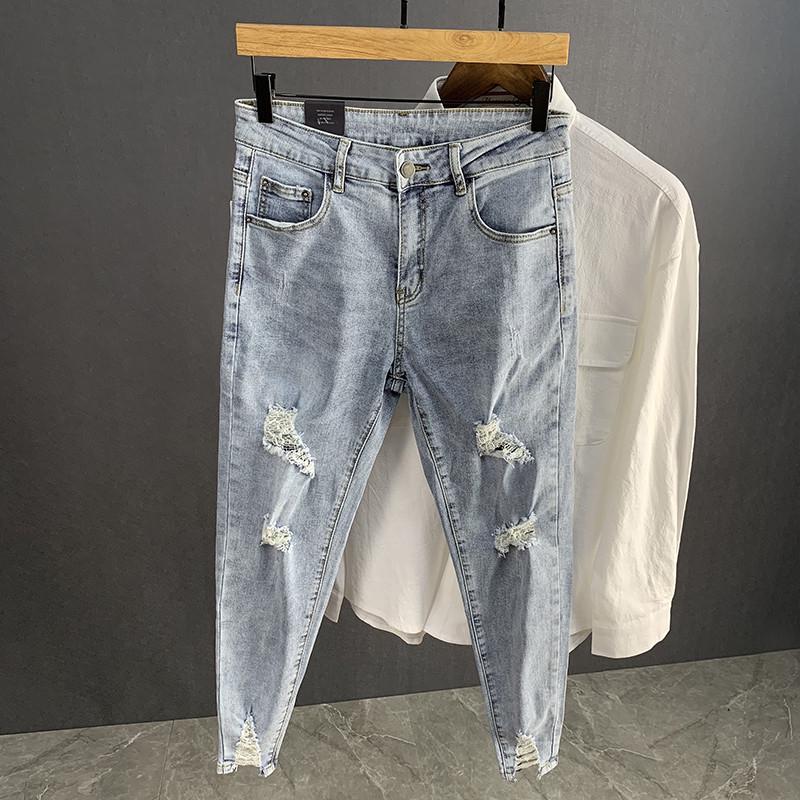 Herren-Jeans im Slim-Fit mit heller Waschung und neun Punkten – trendiger, elastischer, lässiger, schmaler koreanischer Stil für Frühling und Sommer 28 von Joom DACH
