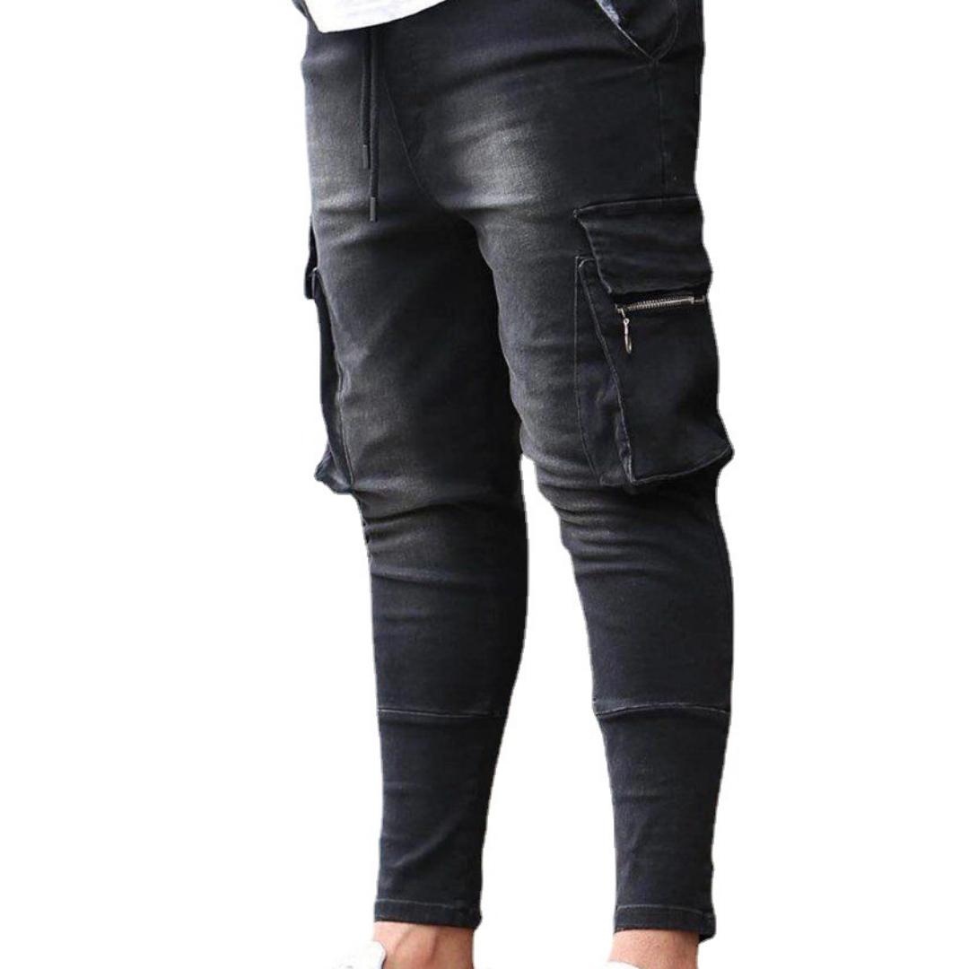 Herren-Jeans mit mehreren Taschen, Stretch, Reißverschluss, Dekoration, Arbeitskleidung, Jeans, Neu M schwarz von Joom DACH