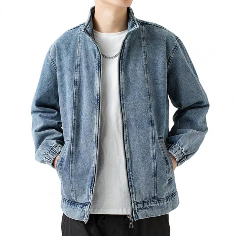 Herren Jeansjacke Revers Langarm Einfarbig Jeansmantel mit Taschen Reißverschlussleiste Lockere Passform Vielseitiger Mantel M hellblaue von Joom DACH