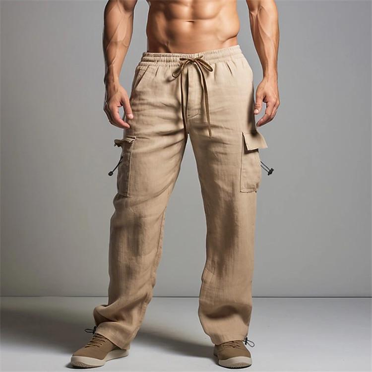Herren Jogginghose Baumwollhose Sommer Strandhose Kordelzug Elastische Taille Mehrere Taschen Einfarbig Atmungsaktiv Lässige Arbeitshose M khaki von Joom DACH