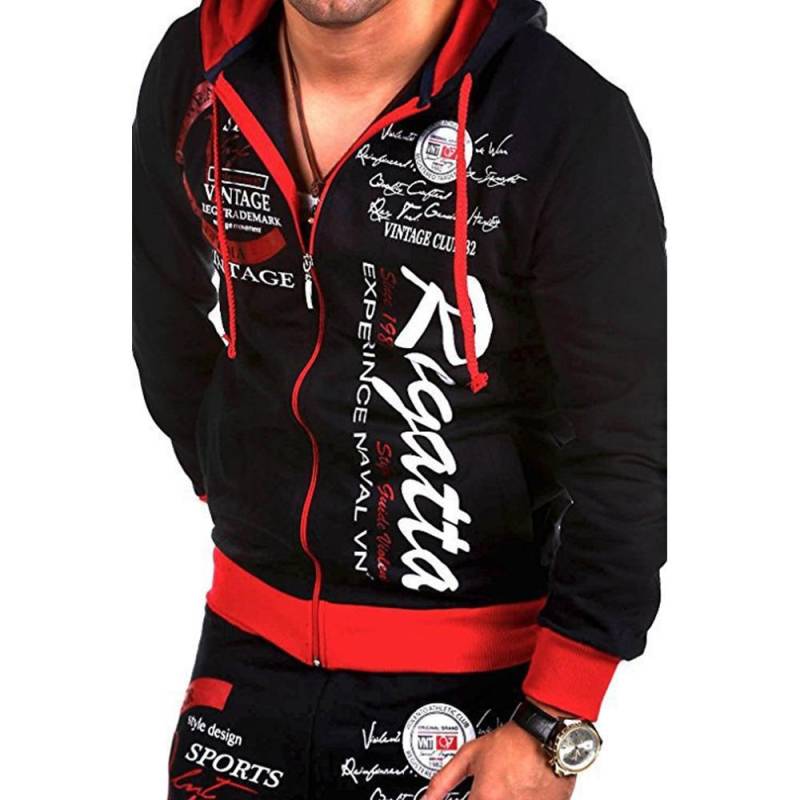 Herren Kapuzenpullover mit Buchstaben-Aufdruck, kontrastfarben, Reißverschluss, lässig, lockere Sweatshirts, modische Langarm-Strickjacke mit Kapuze XXL schwarz/rot von Joom DACH