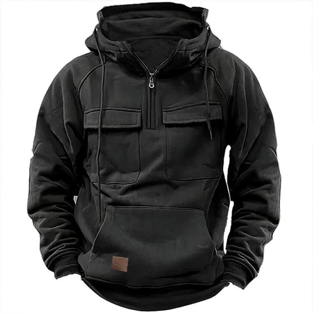 Herren-Kapuzenpullover mit halbem Reißverschluss, solide, warme Fleece-Militär-Sweatshirts mit mehreren Taschen, männliche Kapuzenjacken M schwarz von Joom DACH