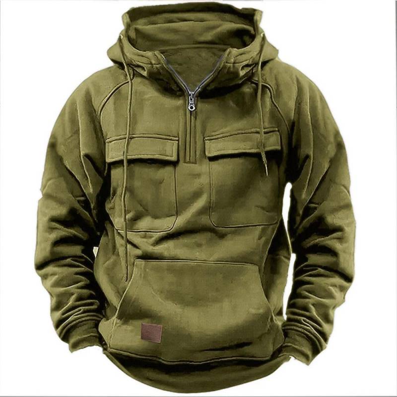 Herren-Kapuzenpullover mit halbem Reißverschluss, solide, warme Fleece-Militär-Sweatshirts mit mehreren Taschen, männliche Kapuzenjacken M armee grüne von Joom DACH
