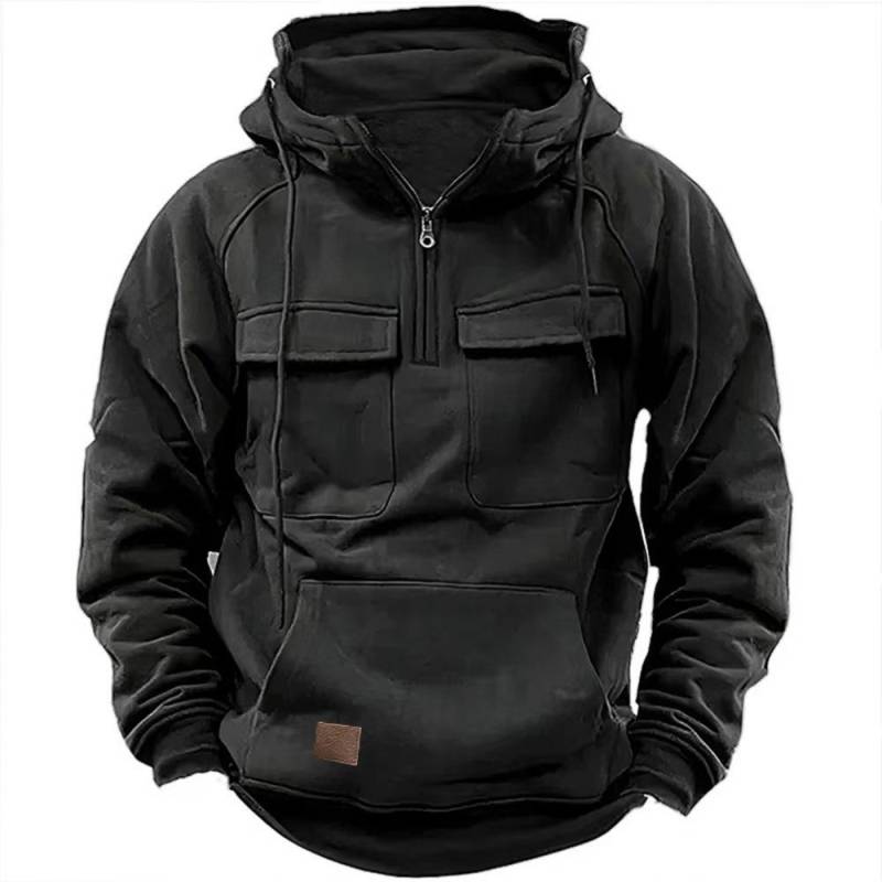 Herren-Kapuzenpullover mit halbem Reißverschluss, solide, warme Fleece-Militär-Sweatshirts mit mehreren Taschen, männliche Kapuzenjacken XXL schwarz von Joom DACH