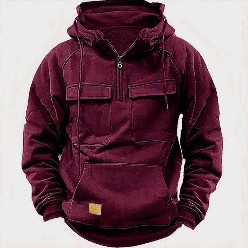 Herren-Kapuzenpullover mit halbem Reißverschluss, solide, warme Fleece-Militär-Sweatshirts mit mehreren Taschen, männliche Kapuzenjacken XXXL bordeaux von Joom DACH