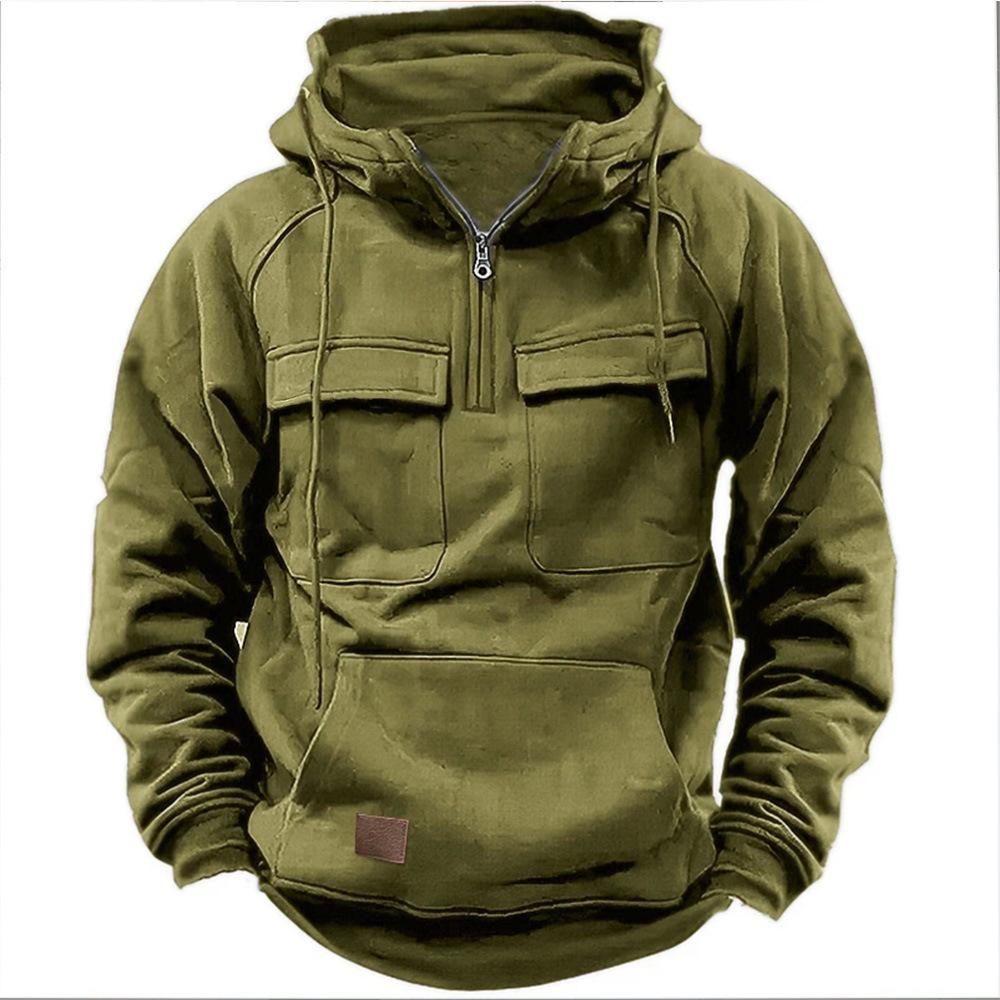 Herren-Kapuzenpullover mit halbem Reißverschluss, solide, warme Fleece-Militär-Sweatshirts mit mehreren Taschen, männliche Kapuzenjacken XXXL armee grüne von Joom DACH
