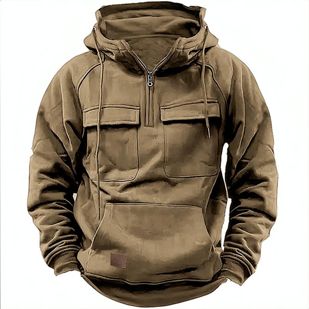 Herren-Kapuzenpullover mit halbem Reißverschluss, solide, warme Fleece-Militär-Sweatshirts mit mehreren Taschen, männliche Kapuzenjacken XXXL khaki von Joom DACH