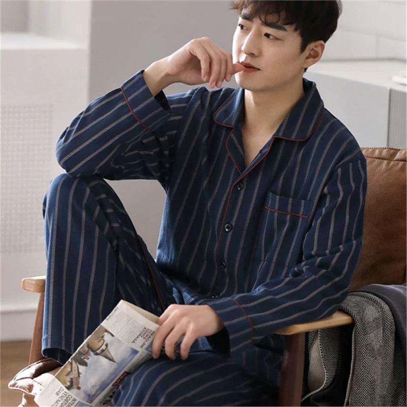 Herren Koreanischer Stil Baumwolle Strickjacke Pyjama Set - Langarm & Hose für Frühling & Herbst, Draußen tragbar 2XL (67.5-80 kg) von Joom DACH