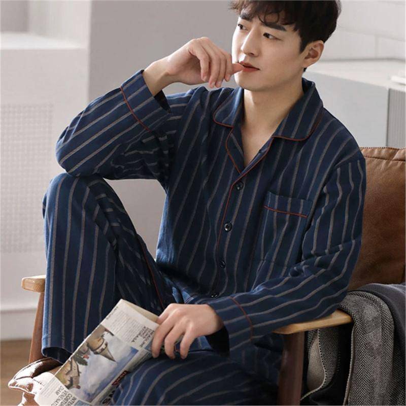Herren Koreanischer Stil Baumwolle Strickjacke Pyjama Set - Langarm & Hose für Frühling & Herbst, Draußen tragbar 2XL (67.5-80 kg) von Joom DACH
