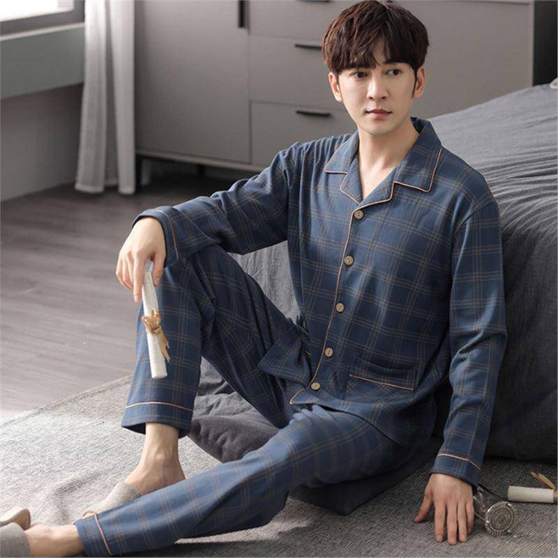 Herren Koreanischer Stil Baumwolle Strickjacke Pyjama Set - Langarm & Hose für Frühling & Herbst, Draußen tragbar 2XL (67.5-80 kg) von Joom DACH