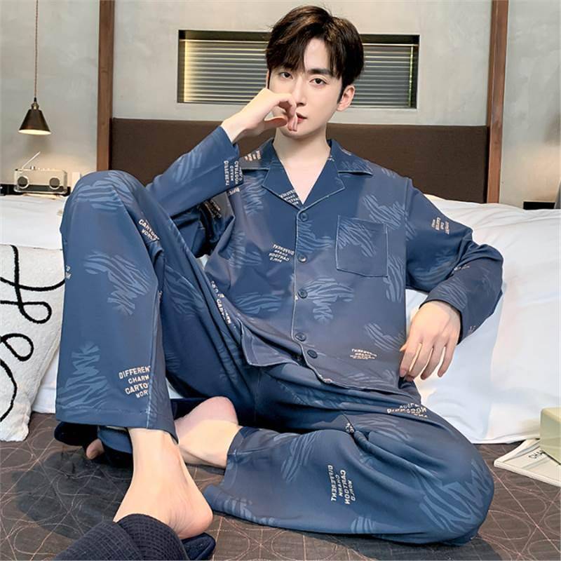 Herren Koreanischer Stil Baumwolle Strickjacke Pyjama Set - Langarm & Hose für Frühling & Herbst, Draußen tragbar 2XL (67.5-80 kg) von Joom DACH