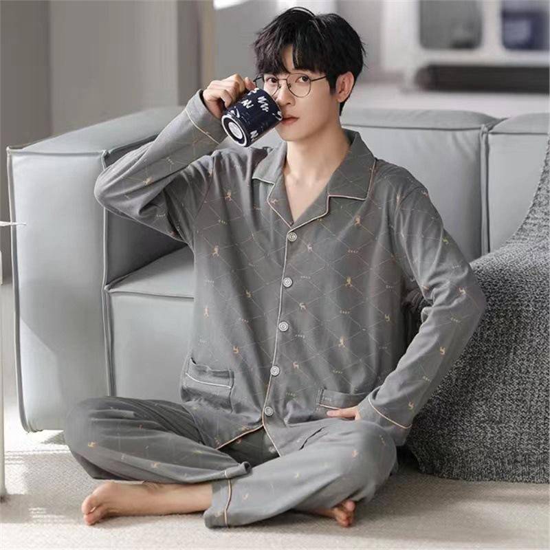 Herren Koreanischer Stil Baumwolle Strickjacke Pyjama Set - Langarm & Hose für Frühling & Herbst, Draußen tragbar 3XL (77.5-90 kg) von Joom DACH