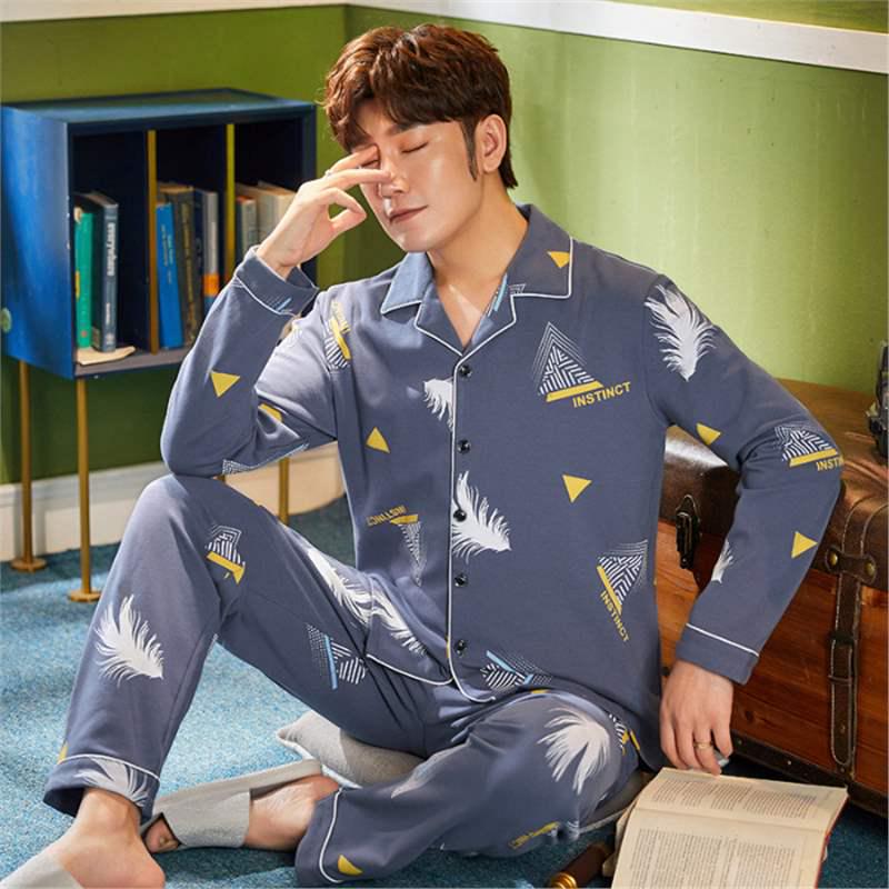 Herren Koreanischer Stil Baumwolle Strickjacke Pyjama Set - Langarm & Hose für Frühling & Herbst, Draußen tragbar XL (57.5-70 kg) von Joom DACH