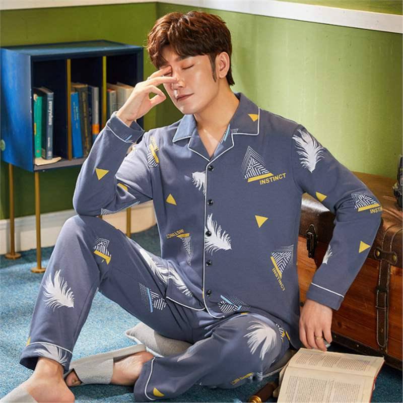 Herren Koreanischer Stil Baumwolle Strickjacke Pyjama Set - Langarm & Hose für Frühling & Herbst, Draußen tragbar XL (57.5-70 kg) von Joom DACH