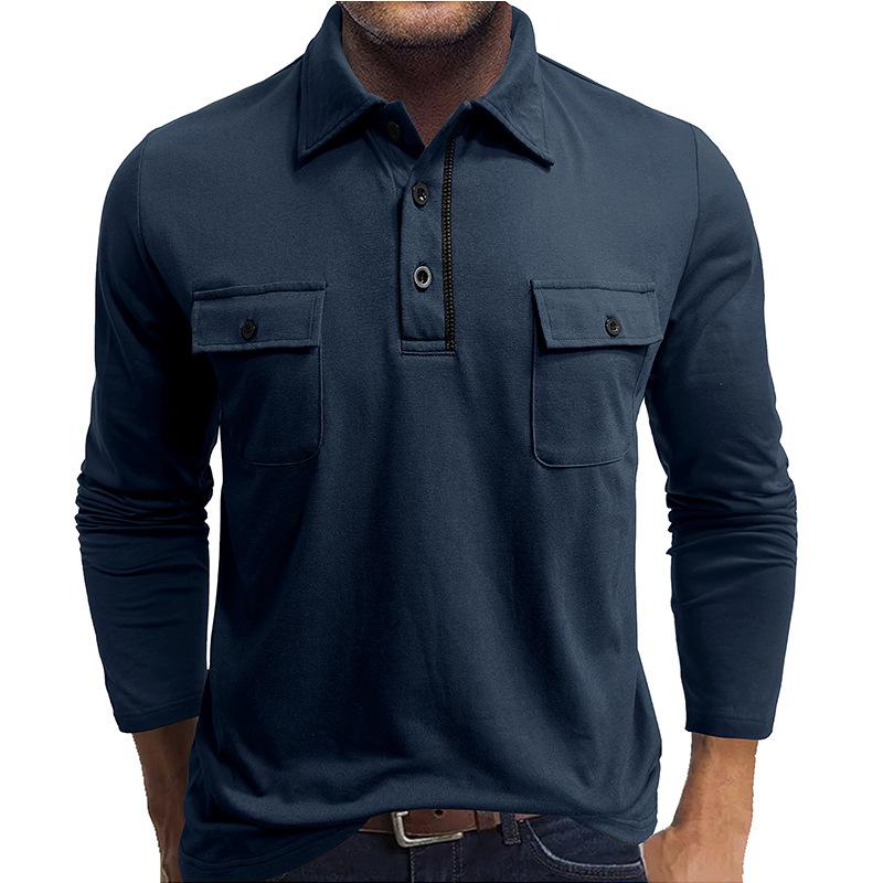 Herren Langarm Poloshirt mit Button-Down Kragen und Brusttaschen, Mehrere Farben M dunkelblau von Joom DACH
