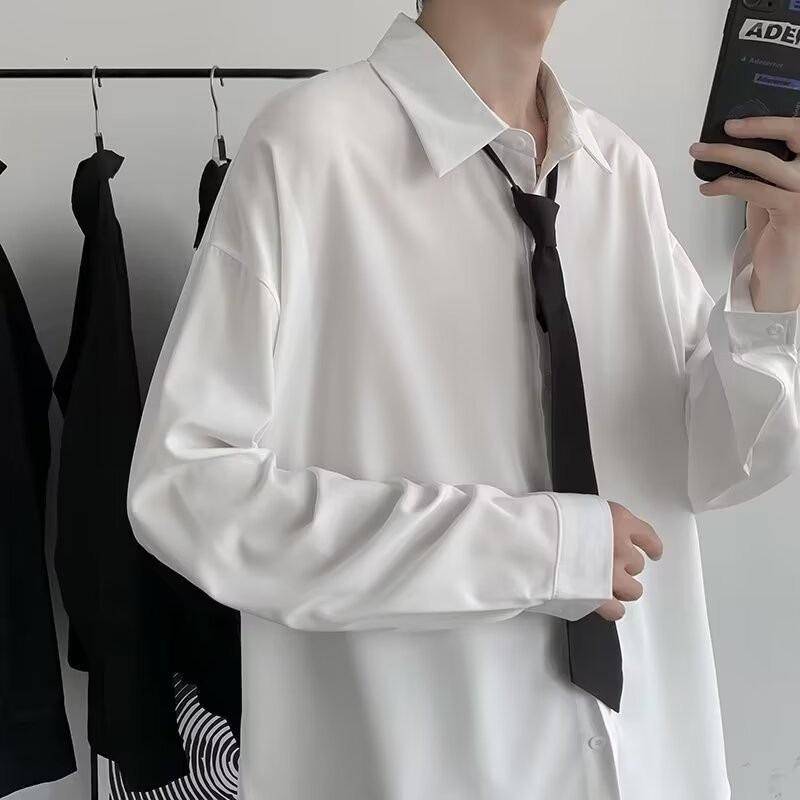 Herren Langarmhemd Weiß: College-Stil, Lockere Passform, Koreanischer Trend White with Tie von Joom DACH