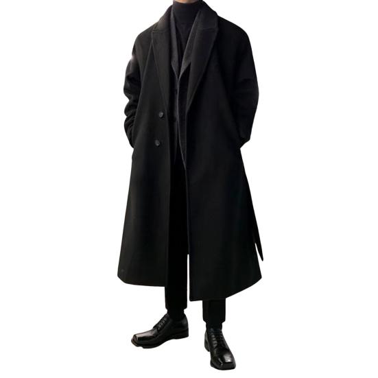 Herren Langer Wollmantel Revers Langarm Einfarbig Windjacke Taschen Zwei-Knopf-Leiste XL schwarz von Joom DACH