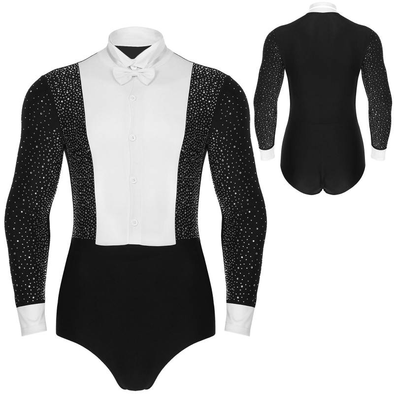 Herren Latein Tanz Trikot Tango Rumba Cha-Cha Ballsaal Modern Dance Bodysuit mit Fliege Performance Tanzbekleidung XL schwarz von Joom DACH