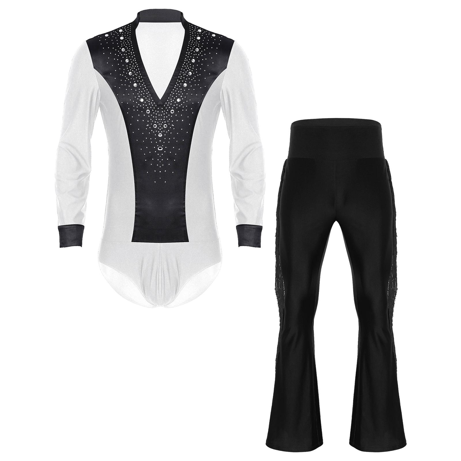 Herren Latein Tanzkostüm Glitzernde Strasssteine V-Ausschnitt Langarm Satin Patchwork Body Quaste Schlaghose Bühnenset M schwarz/weiß von Joom DACH