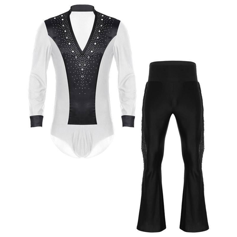 Herren Latein Tanzkostüm Glitzernde Strasssteine V-Ausschnitt Langarm Satin Patchwork Body Quaste Schlaghose Bühnenset M schwarz/weiß von Joom DACH