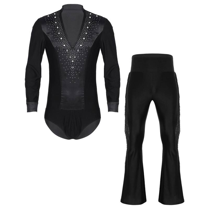 Herren Latein Tanzkostüm Glitzernde Strasssteine V-Ausschnitt Langarm Satin Patchwork Body Quaste Schlaghose Bühnenset M schwarz von Joom DACH
