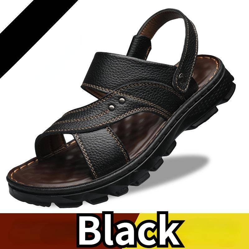 Herren Leder Dicksohlige Strandschuhe Rutschfest Fahren Freizeit Sommer Große Größe Sandalen und Hausschuhe 45 schwarz von Joom DACH