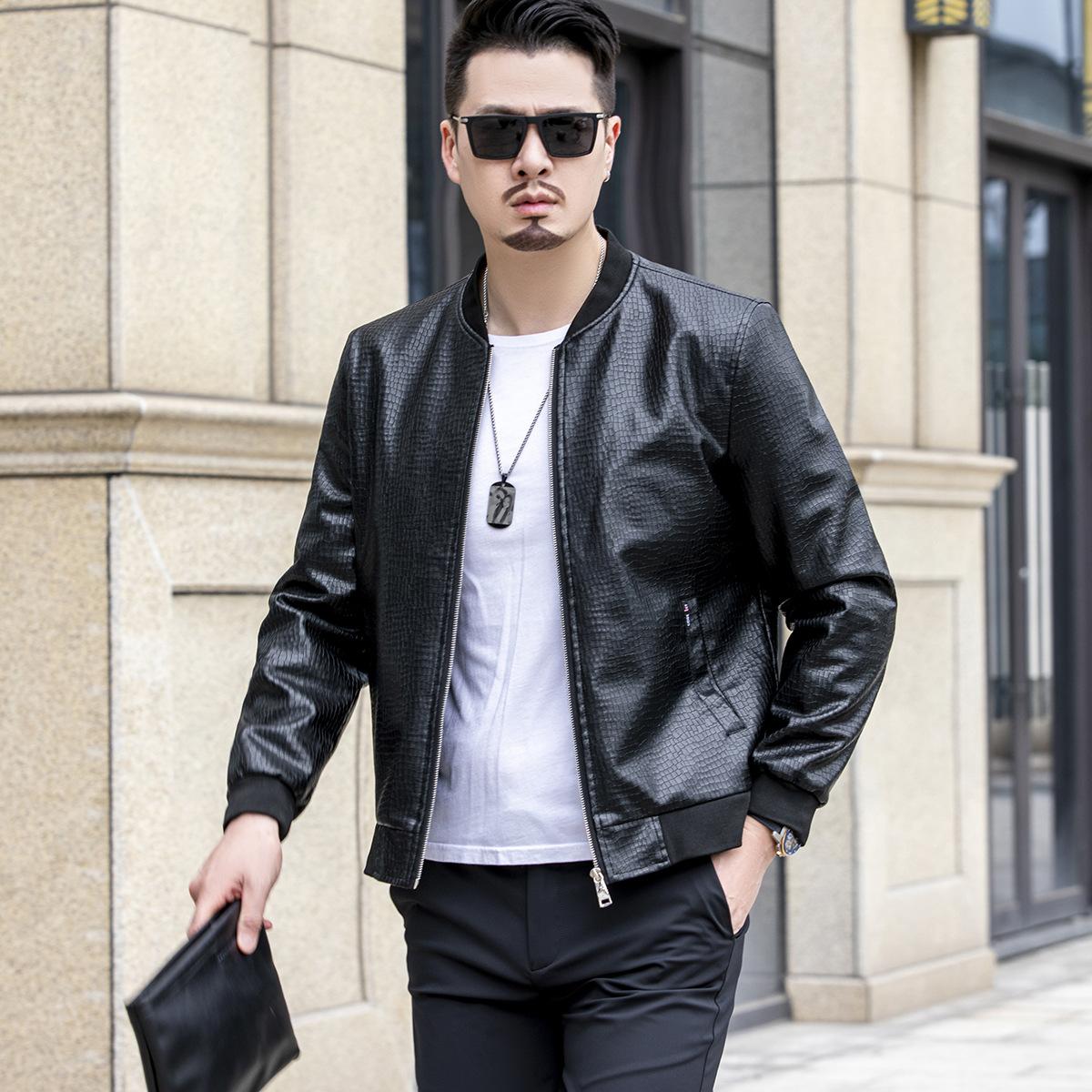 Herren Leder Maßgeschneiderte Frühling und Herbst Dünner Mantel Risse Leder Neue Herrenjacke Mode Jugend Freizeitjacke 2XL von Joom DACH