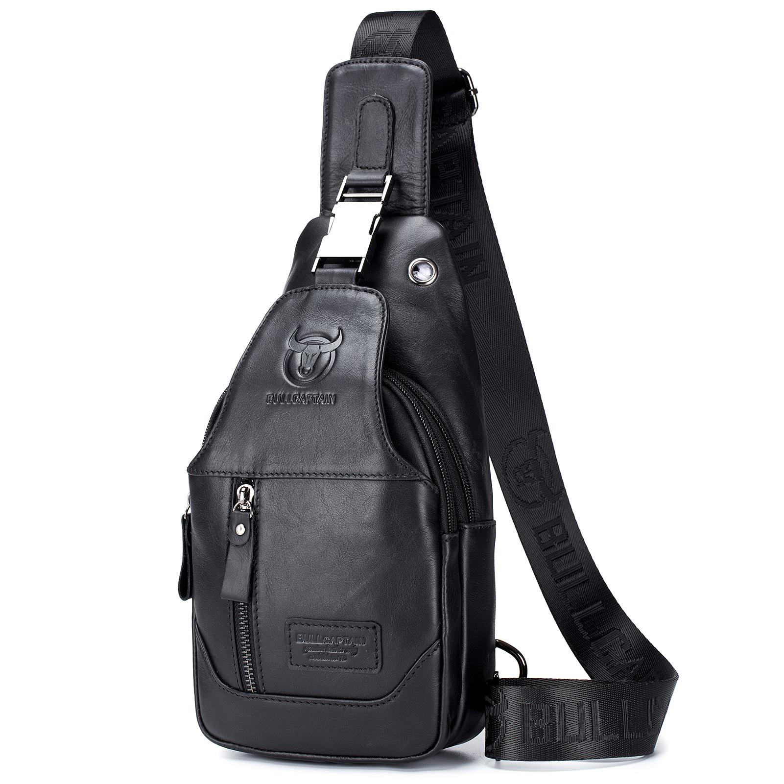 Herren Leder Sling Bag Wasserdicht Crossbody Pack Brust Schulter Rucksack für Wandern Radfahren schwarz von Joom DACH