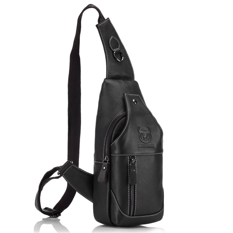 Herren Leder Umhängetasche Casual Schulter Brust Umhängetasche Wandern Reisen Tagesrucksack schwarz von Joom DACH