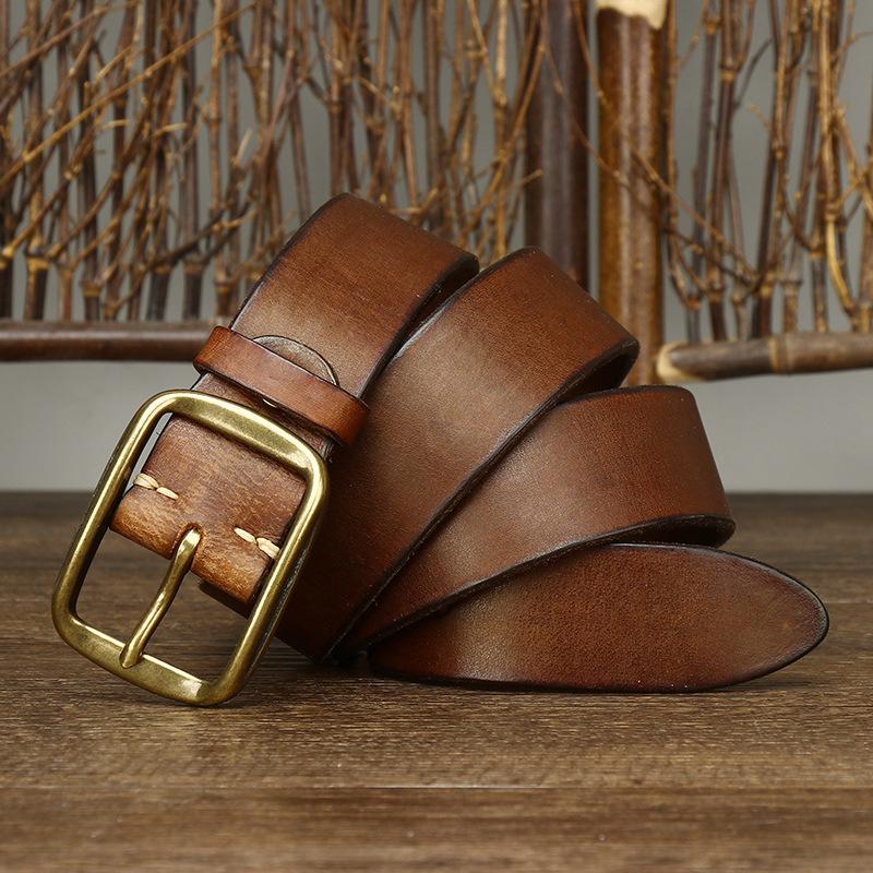Herren-Ledergürtel im Retro-Stil, Used-Look, Hosengürtel, trendiger amerikanischer handgefertigter First-Layer-Rindsledergürtel für lässige Jeans 120cm von Joom DACH