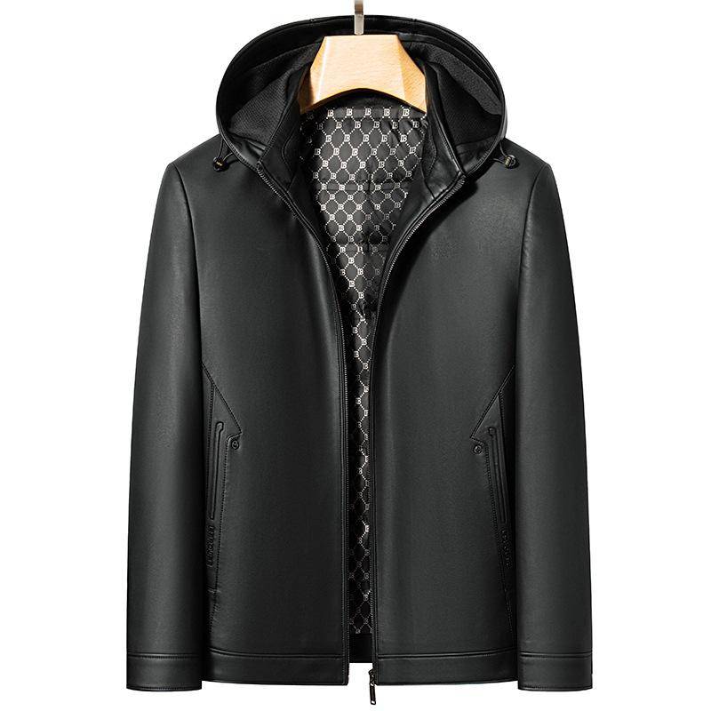 Herren Lederjacke Abnehmbare Kapuze Schaffell Daunenjacke Lässige Entendaunen Verdickte Warme Jacke Jacke XXXL schwarz von Joom DACH