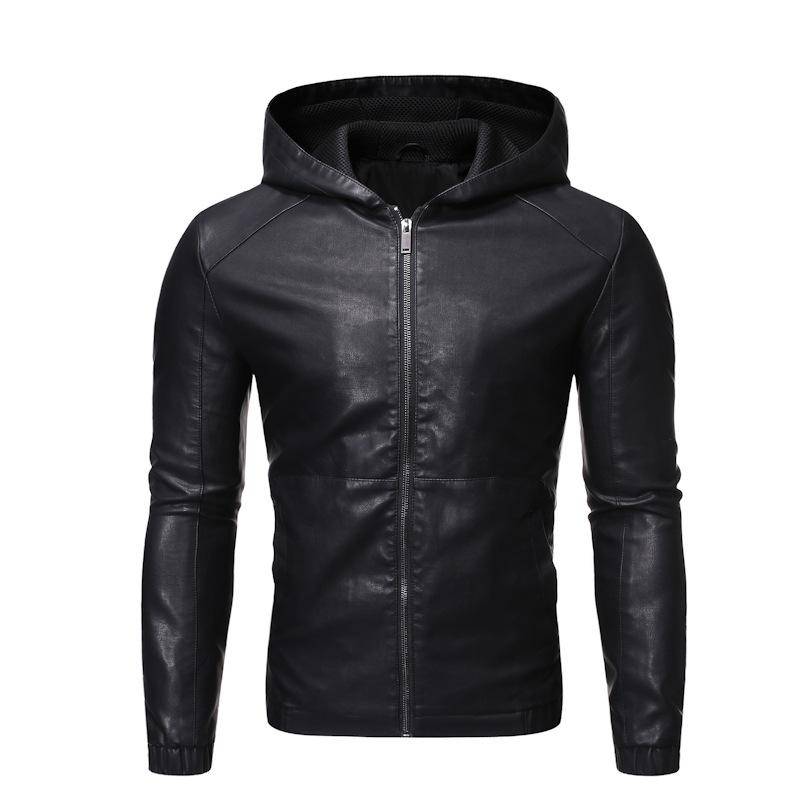 Herren Lederjacke Herbst und Winter Neu Slim Koreanische Version Schön Kapuzen-Fleece Verdickte Lederjacke Jacke 5XL schwarz von Joom DACH