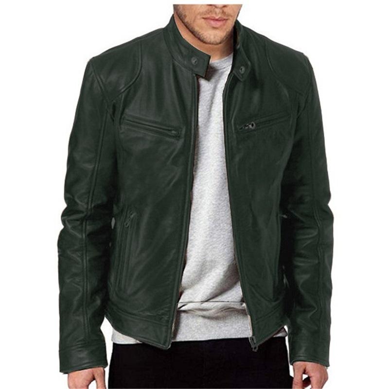 Herren Lederjacke Jugend Stehkragen Punk Motorrad Lederjacke Stilvoll Langlebig Bequem Modische Oberbekleidung 3XL dunkelgrüne von Joom DACH