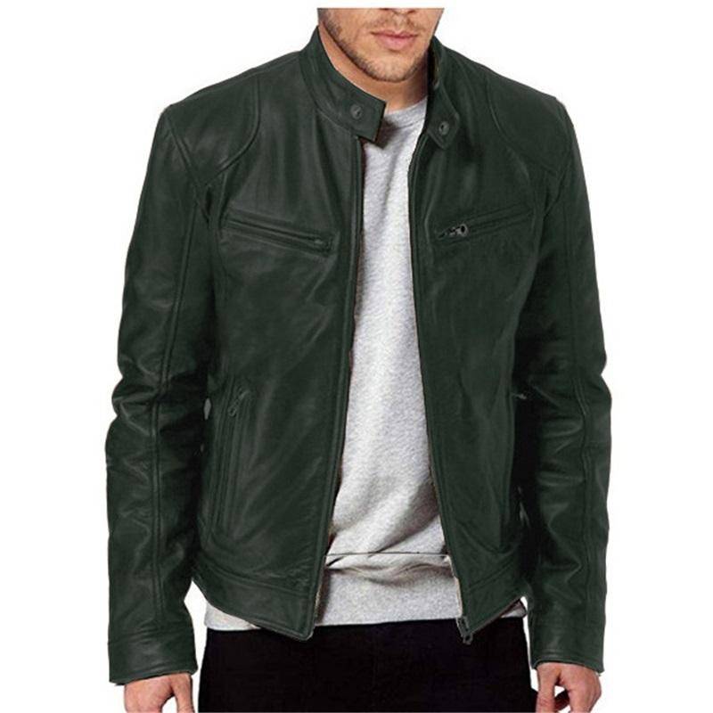 Herren Lederjacke Jugend Stehkragen Punk Motorrad Lederjacke Stilvoll Langlebig Bequem Modische Oberbekleidung 3XL dunkelgrüne von Joom DACH