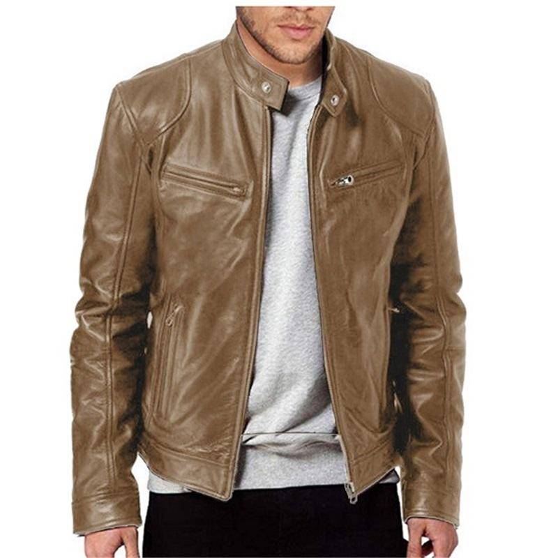 Herren Lederjacke Jugend Stehkragen Punk Motorrad Lederjacke Stilvoll Langlebig Bequem Modische Oberbekleidung khaki von Joom DACH